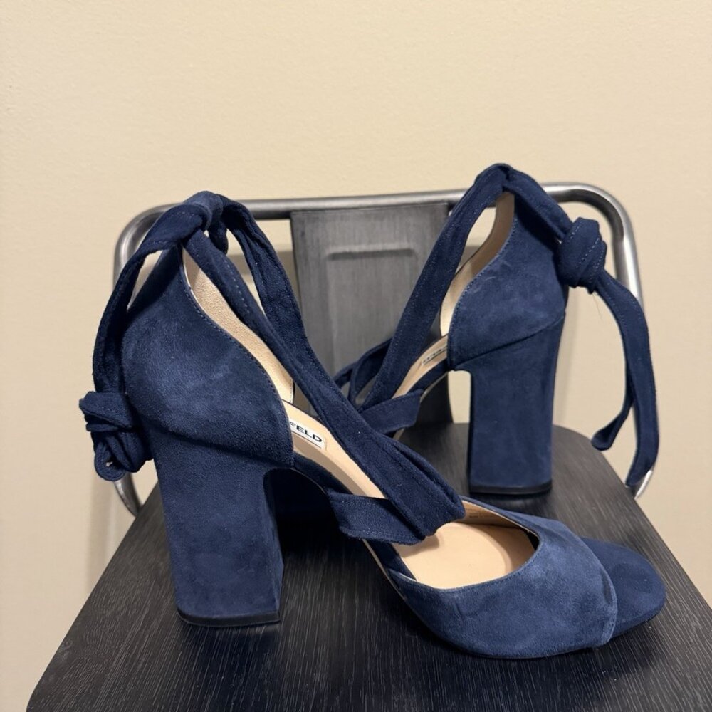 Karl Lagerfeld Paris Navy Blue Suede Ankle Strap Block Heels - Picture 5 of 13